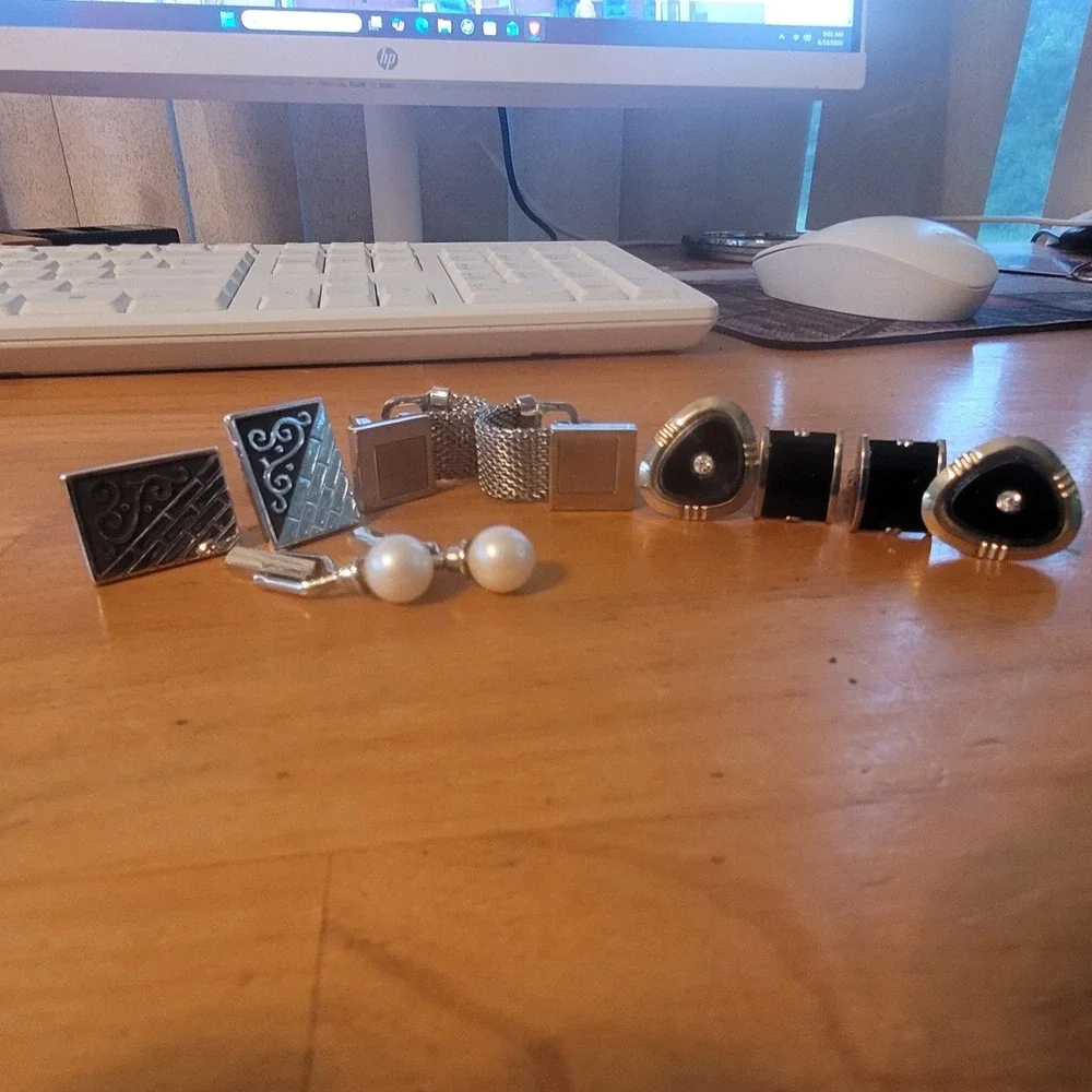 6 Pr Vintage Mens Cufflink Lot Modernist Onyx Mesh Wrap Faux Pearl